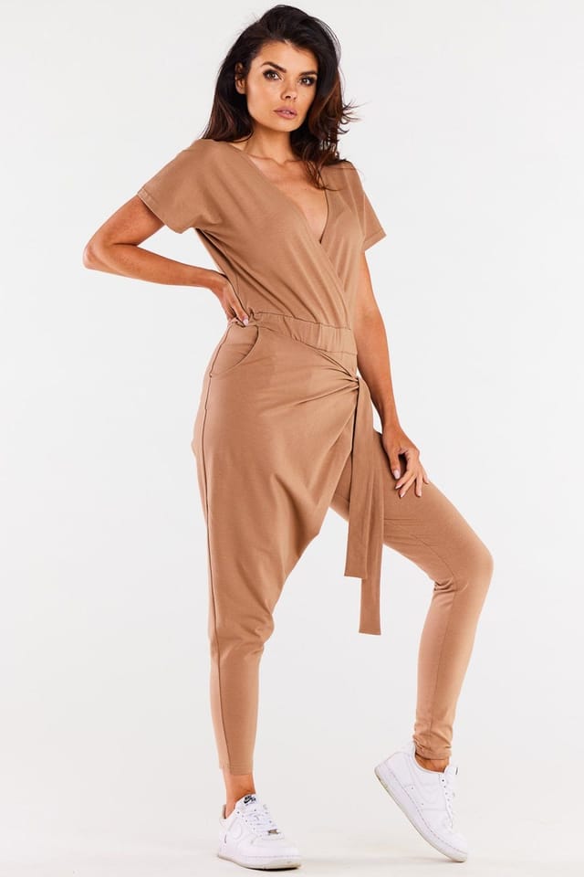 Love Lace Love Lace Women's Crinkled Envelope Jumpsuit with Pockets in Camel - 2