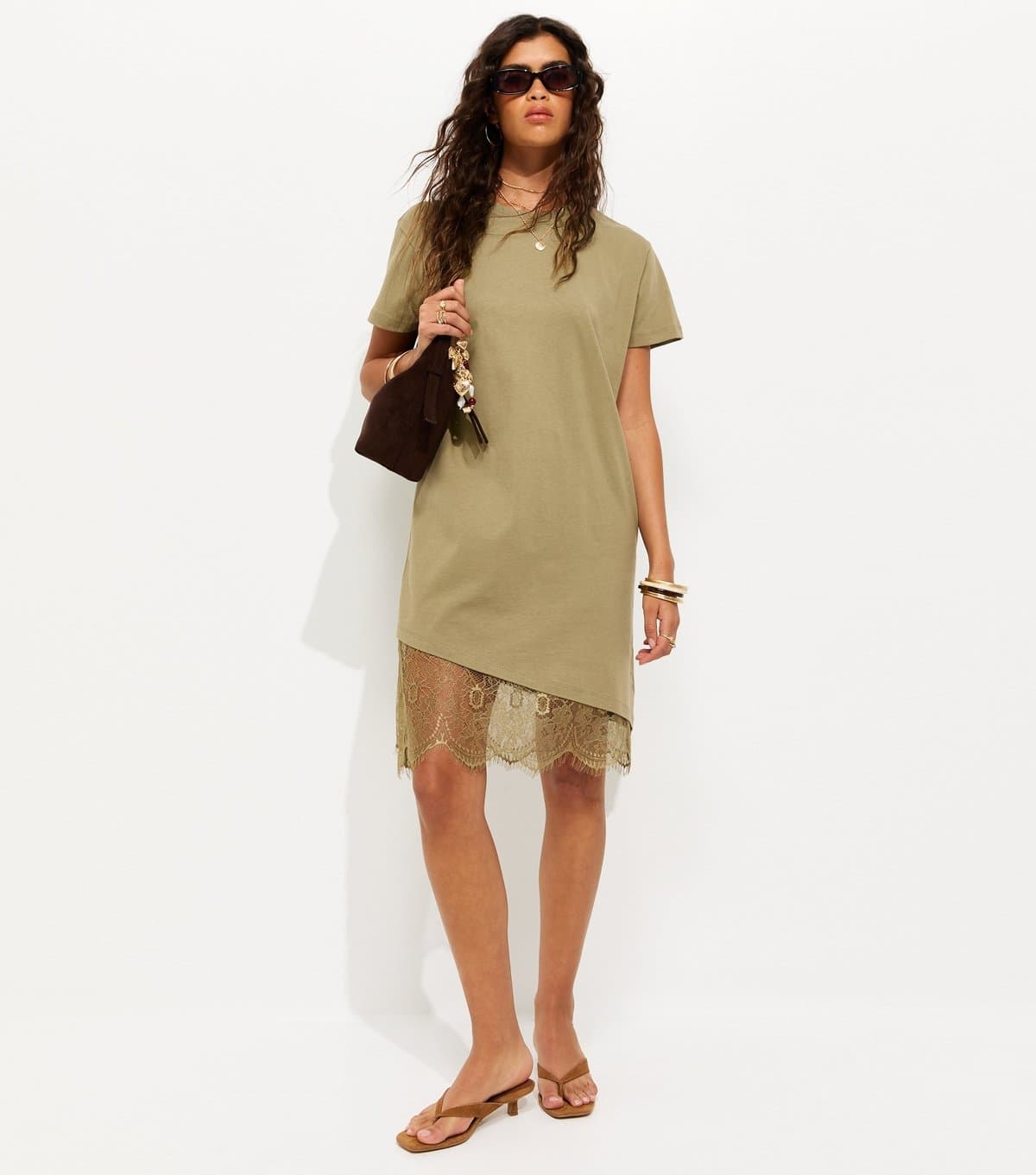 New Look Women's Dark Khaki Cotton Asymmetric Lace Hem Mini Dress New Look