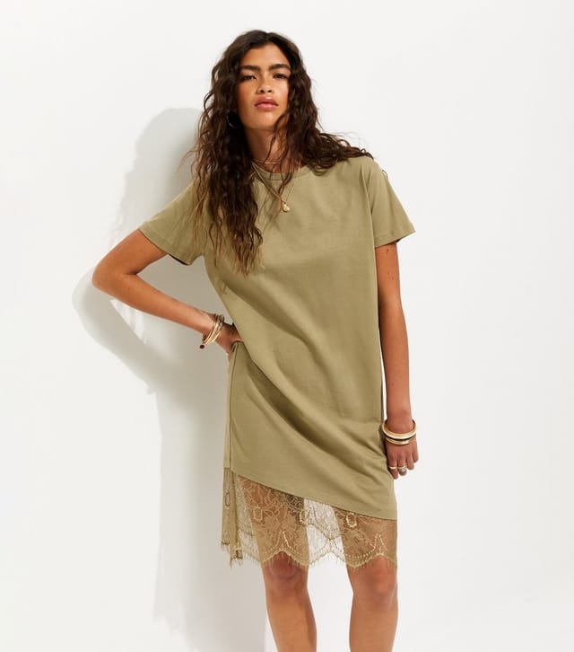 New Look Women's Dark Khaki Cotton Asymmetric Lace Hem Mini Dress New Look - 2