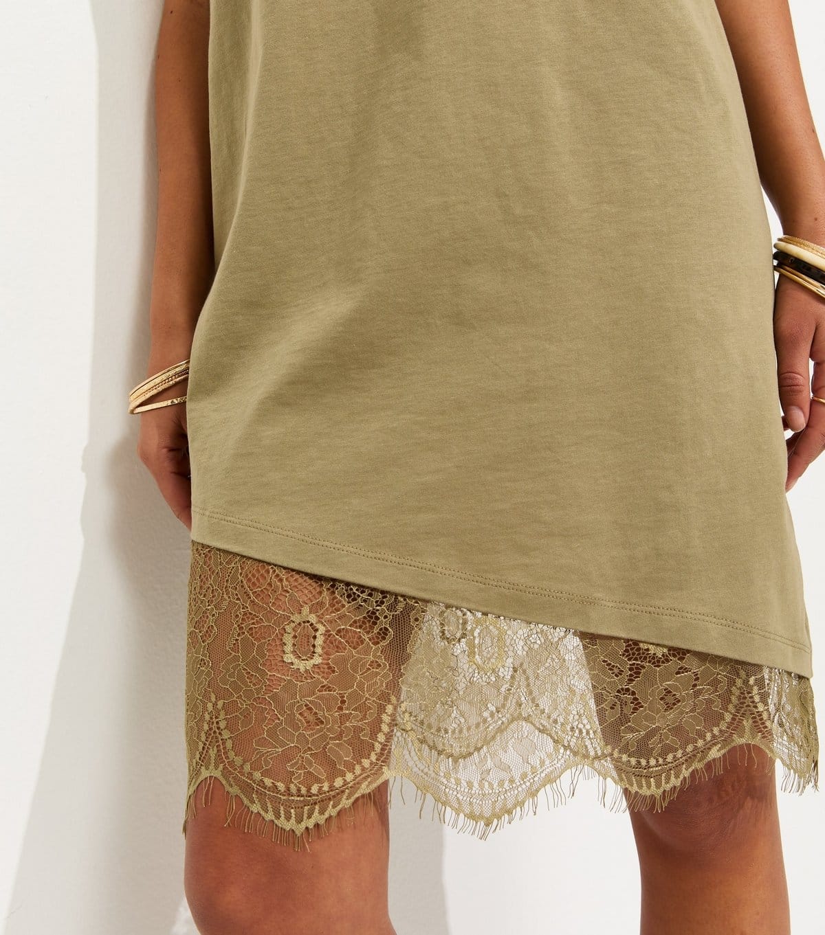 New Look Women's Dark Khaki Cotton Asymmetric Lace Hem Mini Dress New Look - 4