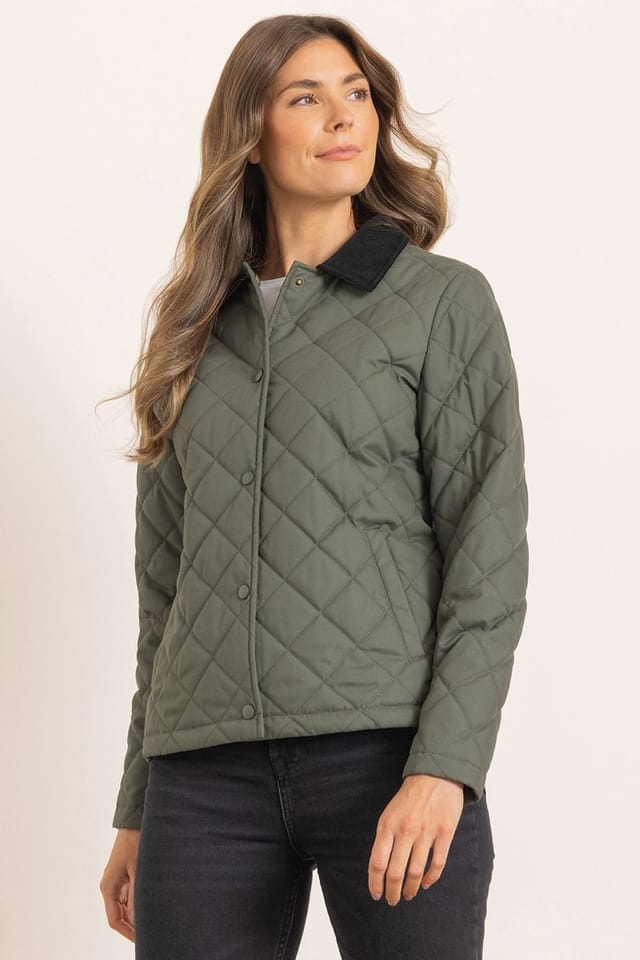 Klass. Klass. Women's Diamond Quilted Collared Coat in Khaki - 2