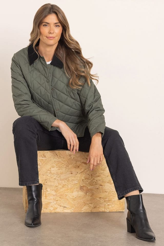 Klass. Klass. Women's Diamond Quilted Collared Coat in Khaki - 3