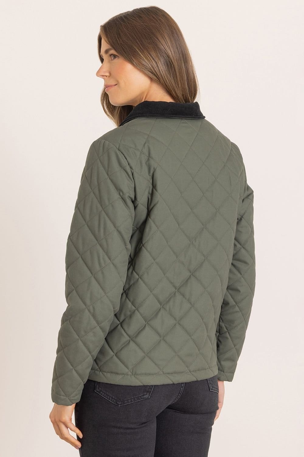 Klass. Klass. Women's Diamond Quilted Collared Coat in Khaki - 4