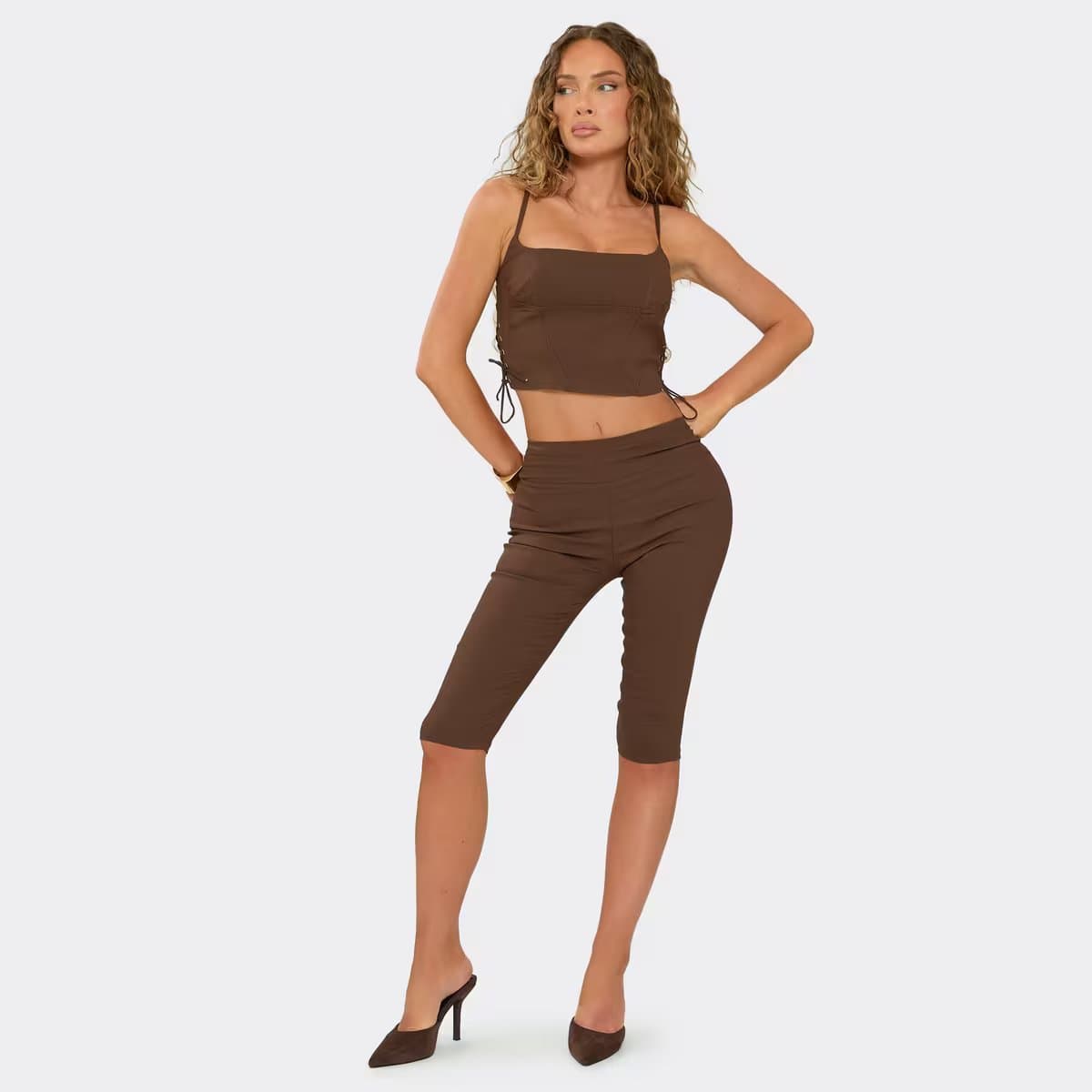 EGO Strappy Lace Up Side Detail Corset Top And Fitted Capri Trouser Co-Ord Set In Chocolate Brown, Women's Size UK 6