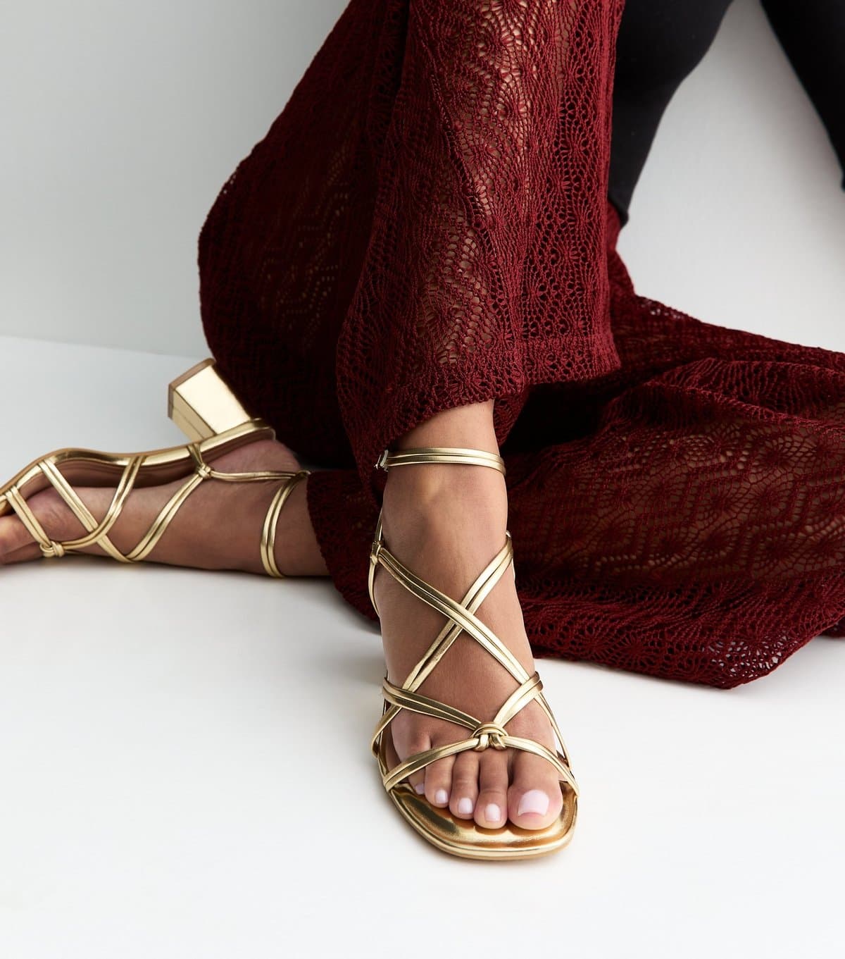 New Look Women's Wide Fit Gold Faux Leather Strappy Block Heel Sandals Vegan New Look