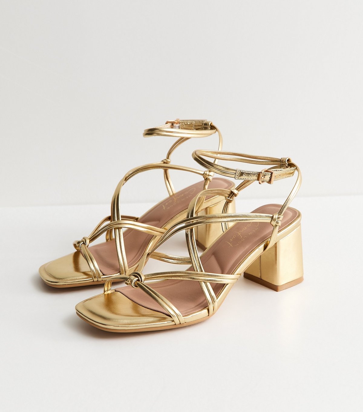 New Look Women's Wide Fit Gold Faux Leather Strappy Block Heel Sandals Vegan New Look - 3