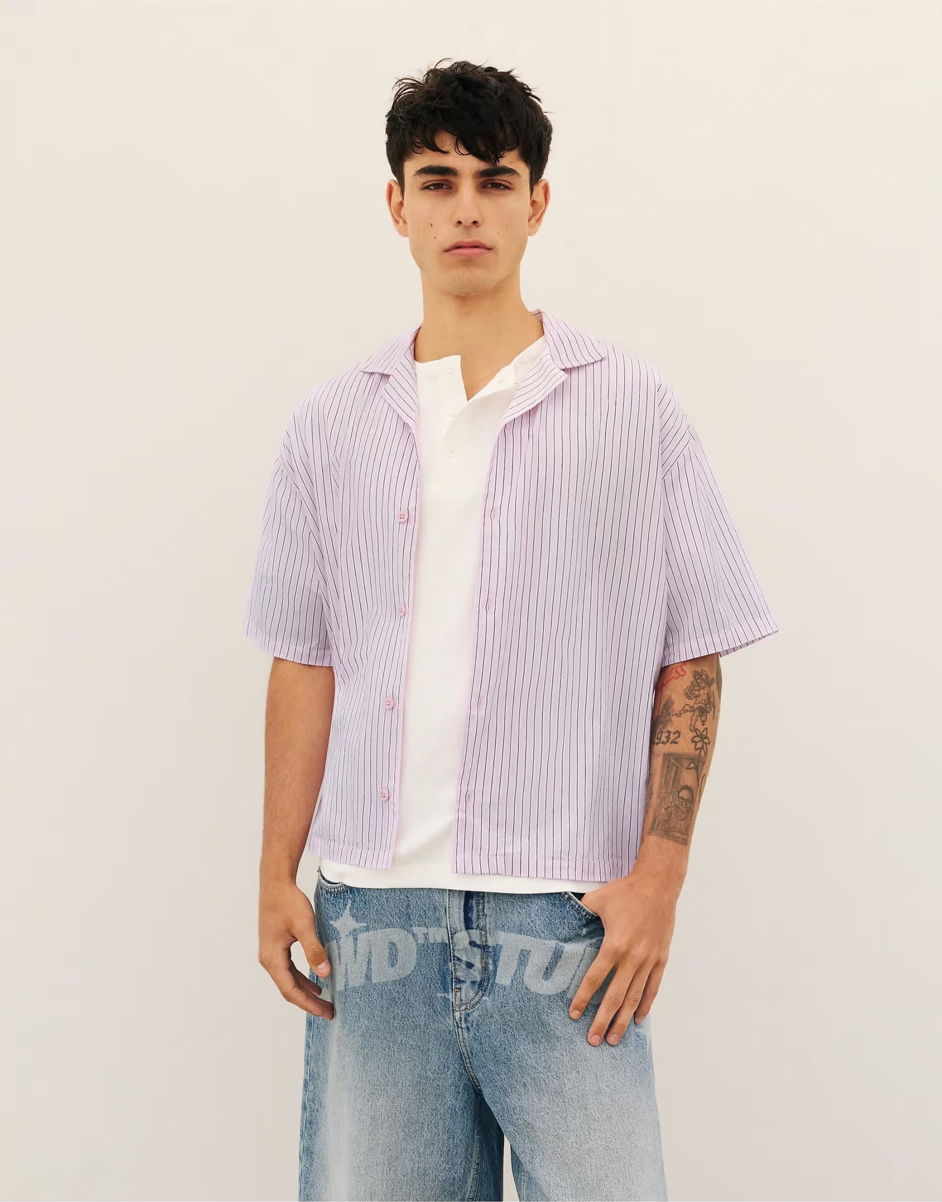 ASOS Pull&Bear Striped short sleeve shirt in rose pink