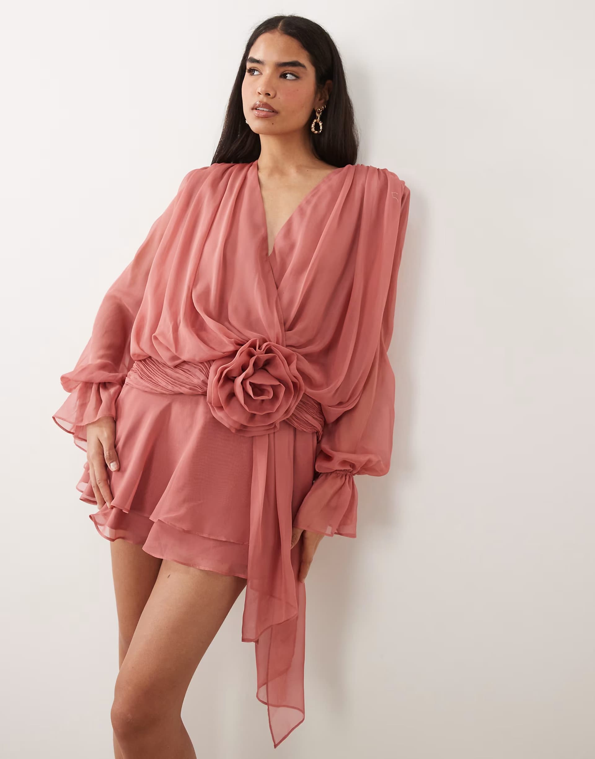 ASOS ASOS LUXE V neck skater dress with corsage waist detail in dusky rose