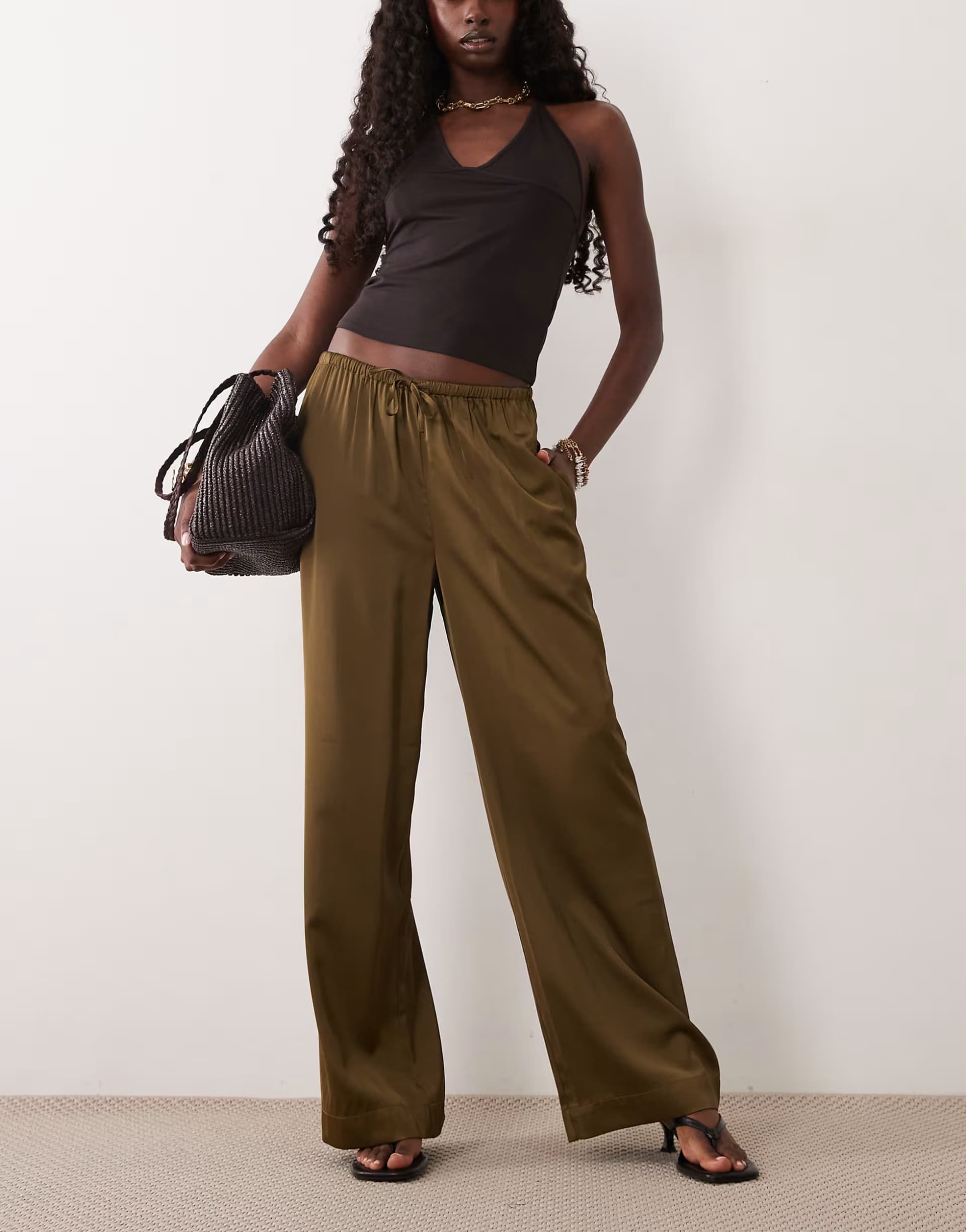 ASOS Nobody's Child Lyra satin drawstring wide leg trousers in olive green