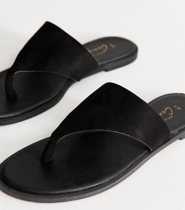 New Look Women's Black Faux Suede Wide Toe Strap Flat Sandals Vegan New Look - 3