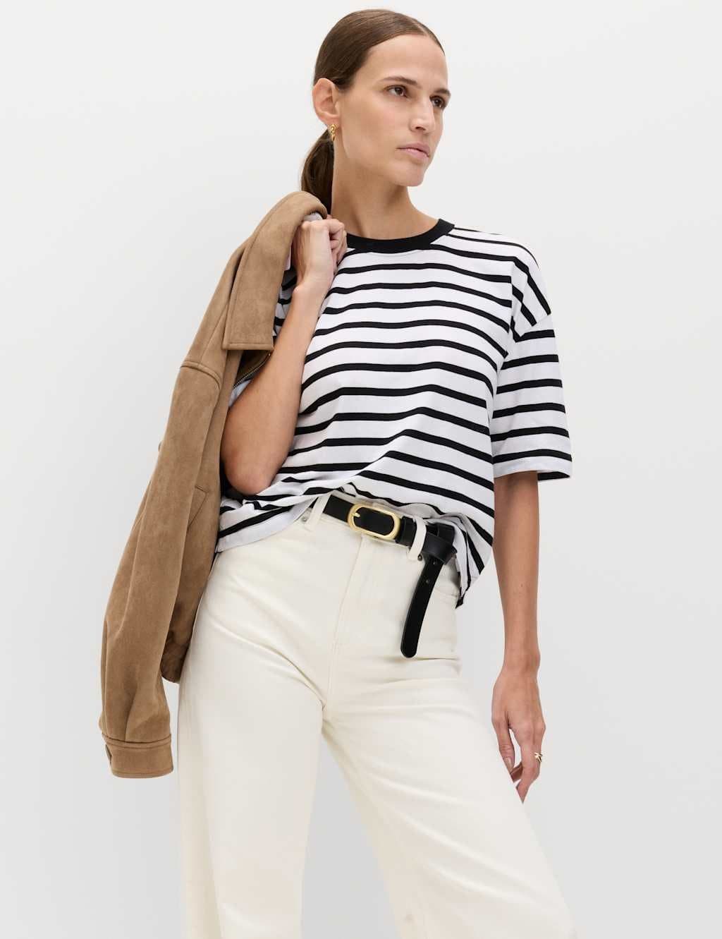 Marks & Spencer M&S Black Mix Cotton Striped Relaxed Boxy T-Shirt