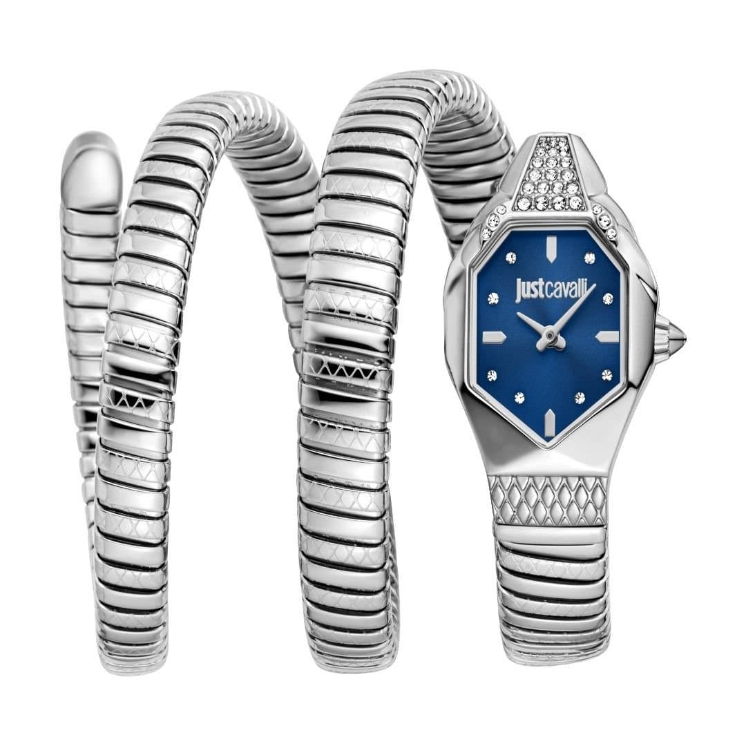 Just Cavalli Just Cavalli Women's Snake Silver Color Case, Dark Blue Dial, Stainless Steel Watch