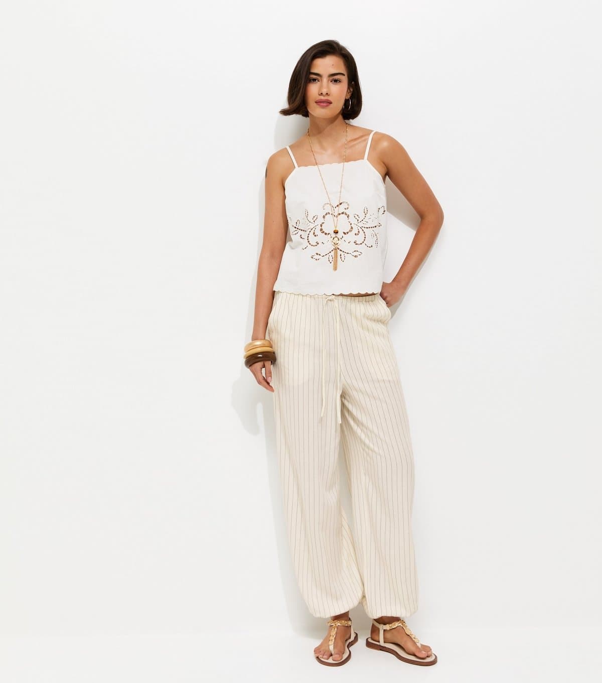 New Look Women's White Pinstripe Cuffed Trousers New Look
