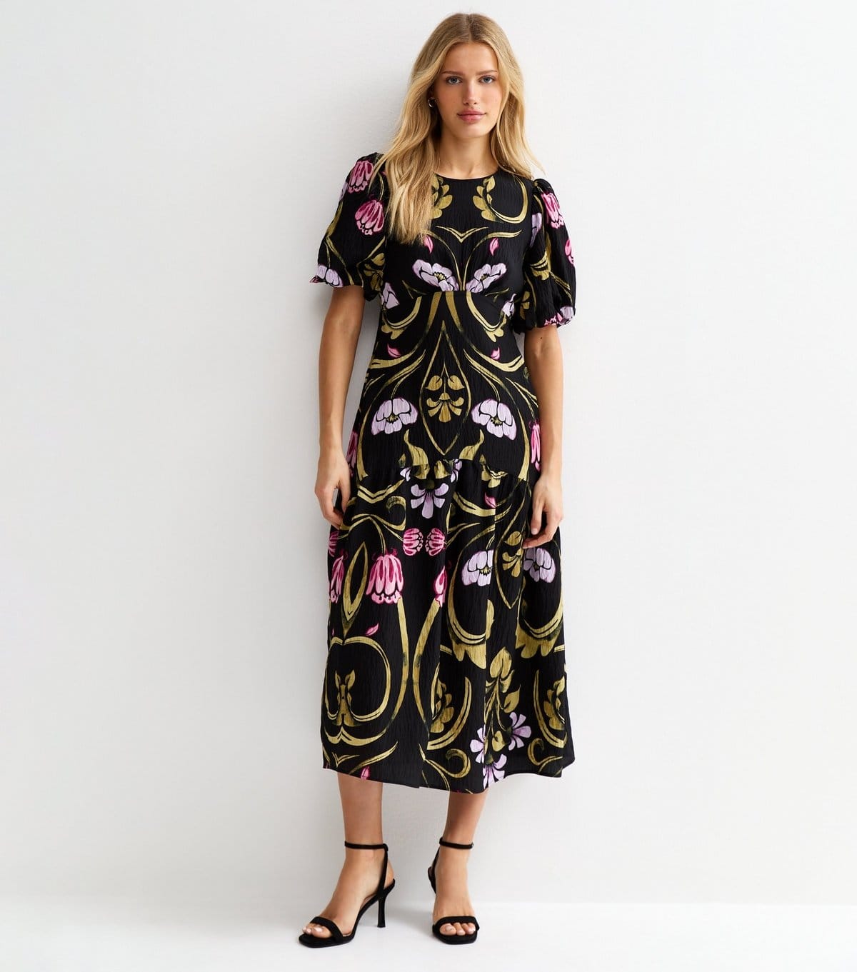 New Look Black Floral Puff Sleeve Midi Dress
