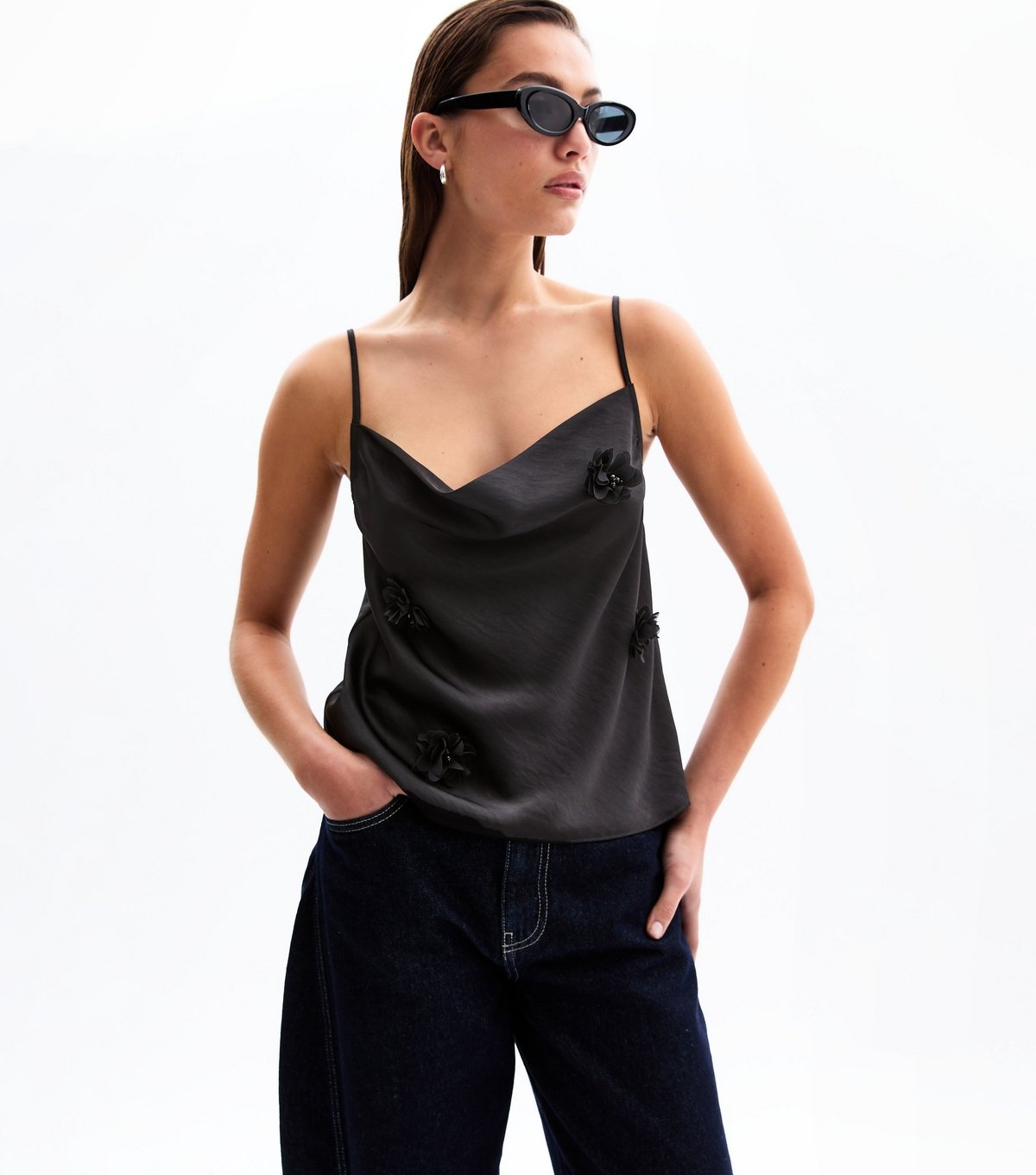 New Look Women's Black Satin Floral Corsage Cowl Neck Cami Top New Look - 2