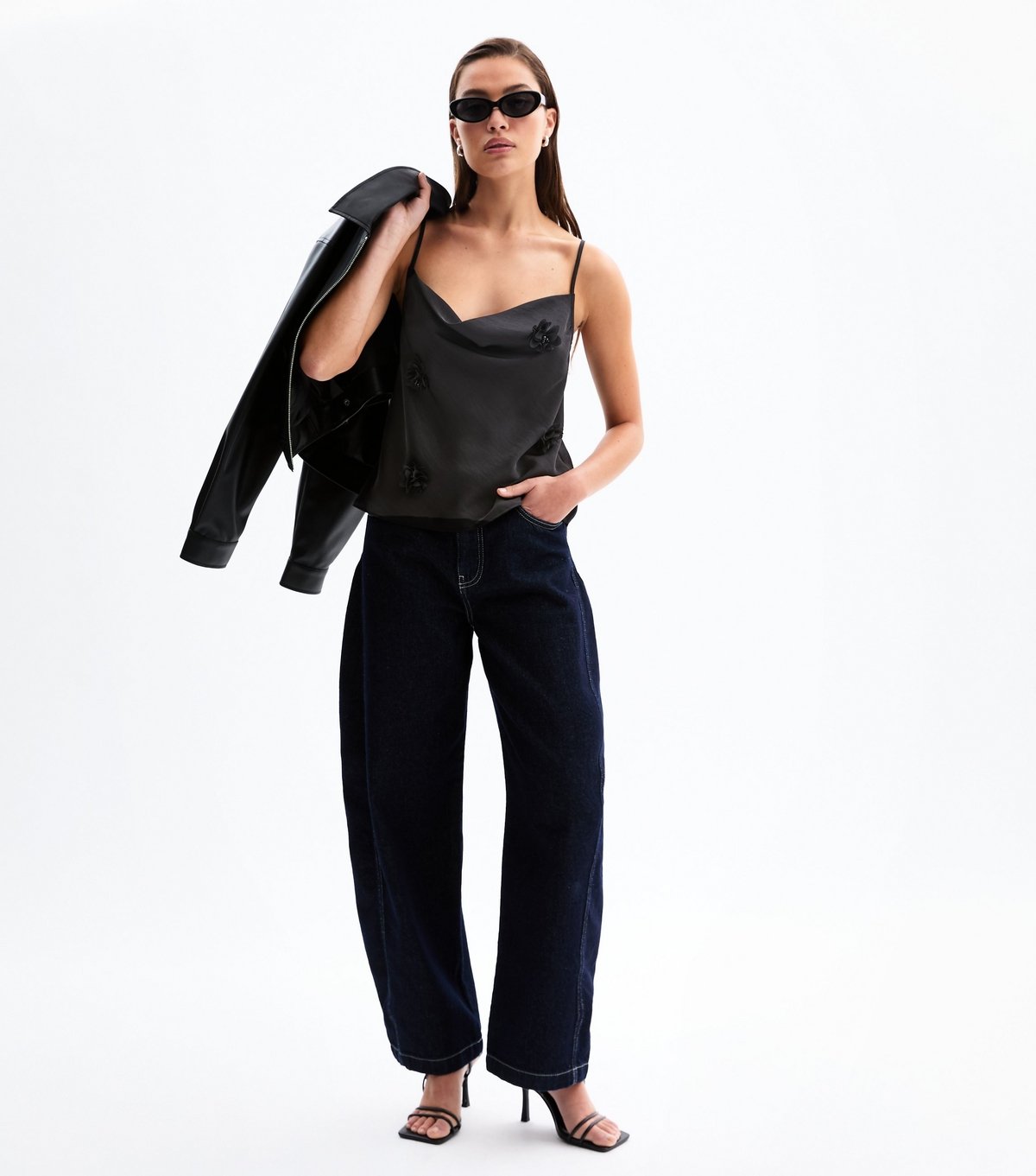 New Look Women's Black Satin Floral Corsage Cowl Neck Cami Top New Look - 3