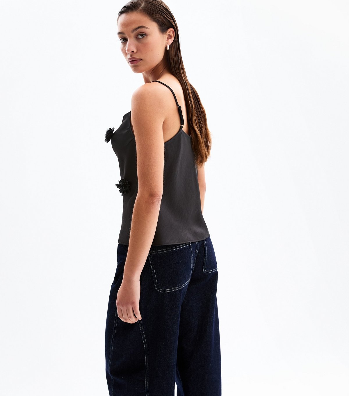 New Look Women's Black Satin Floral Corsage Cowl Neck Cami Top New Look - 4