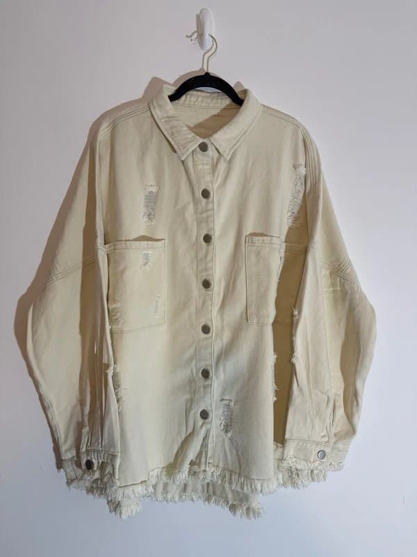 No Label New Sample Cream Denim Distressed Jacket - size 2 XXL
