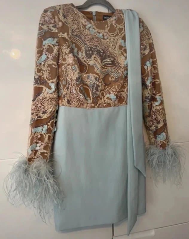 Lavish Alice Lavish Alice blue sequin feather cuff dress with belt