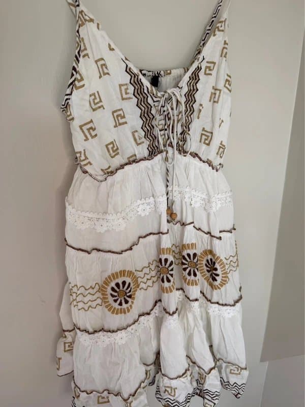 Papa Pia Papa Pia Luxe Boho White Gold Brown Embroidered Tassel Floaty Cotton Mini Dress Kaftan One Size 8-14
