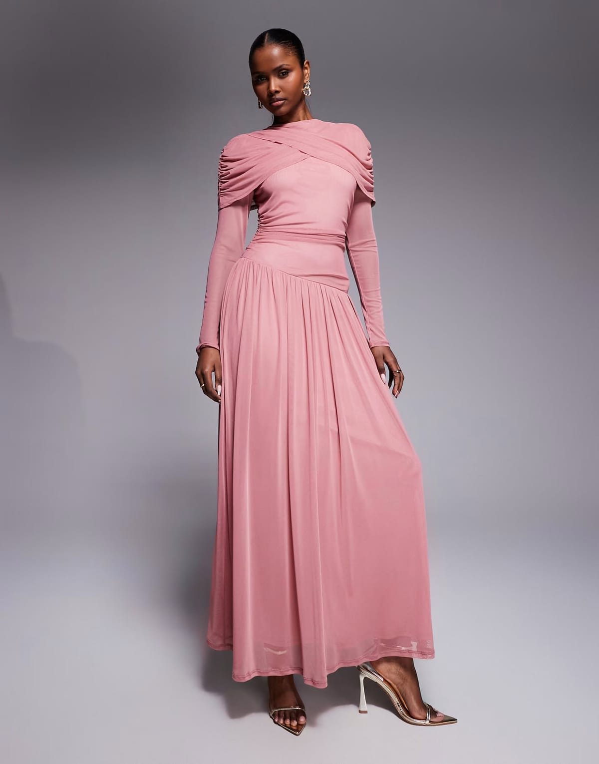 ASOS Daska long sleeve ruched cape pleated skirt maxi dress in dusty pink - 1