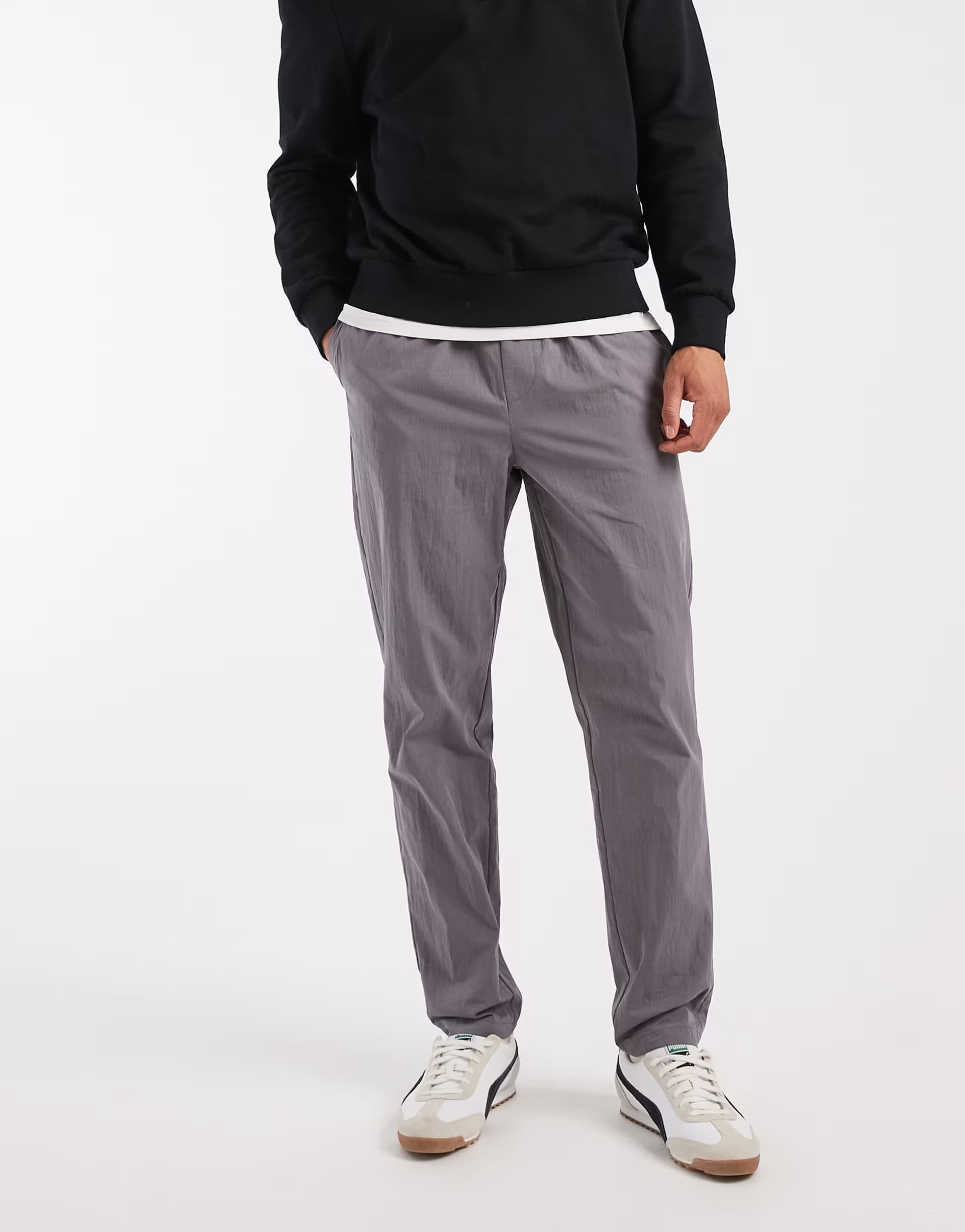 ASOS ASOS DESIGN tapered trousers in charcoal nylon with buckle