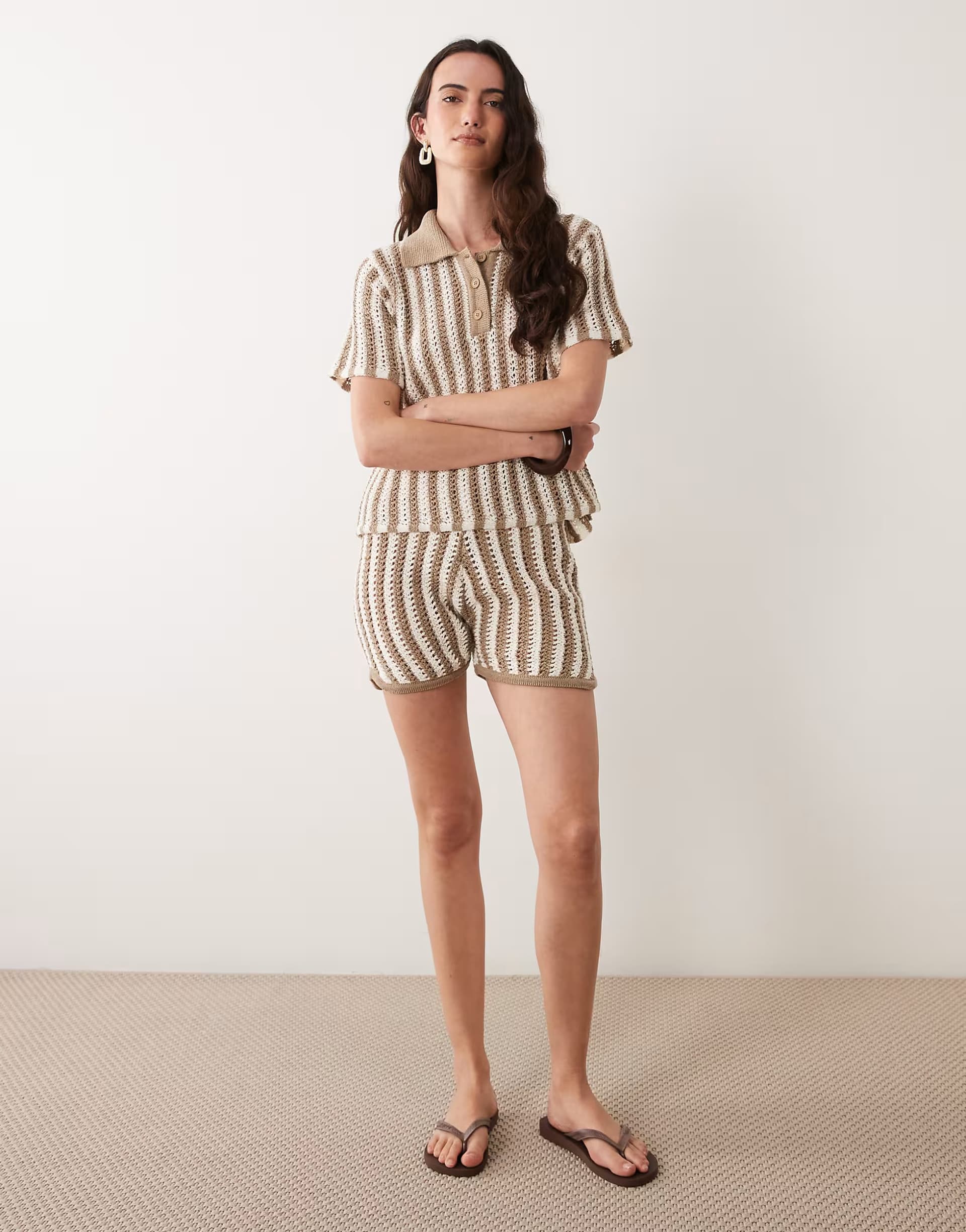 ASOS ASOS DESIGN knitted crochet polo top co-ord in brown stripe - MULTI