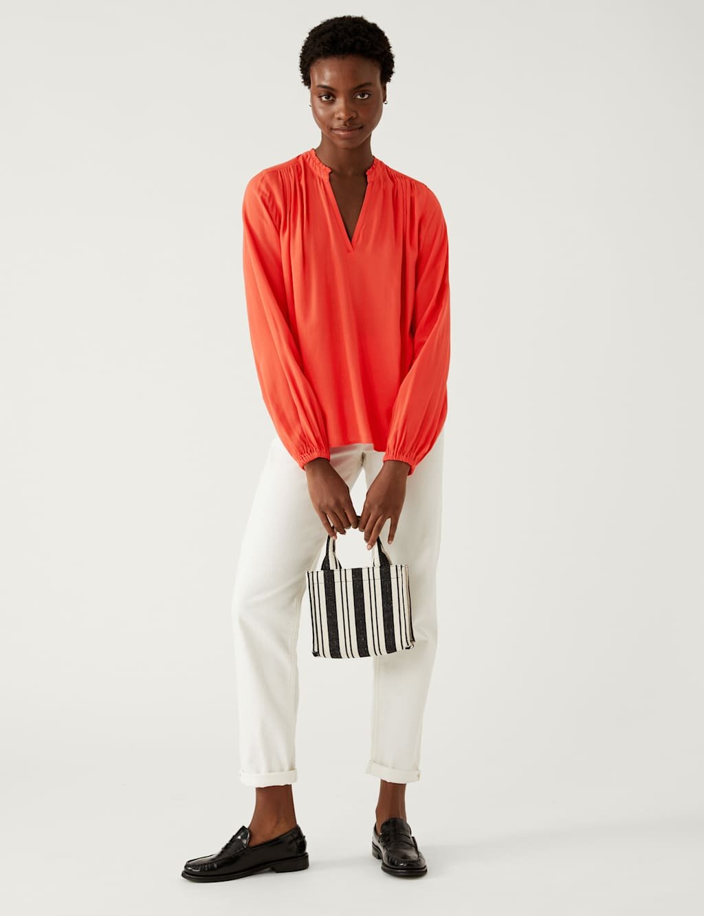 Marks & Spencer M&S Collarless Regular Fit Long Sleeve Blouse Flame - 3