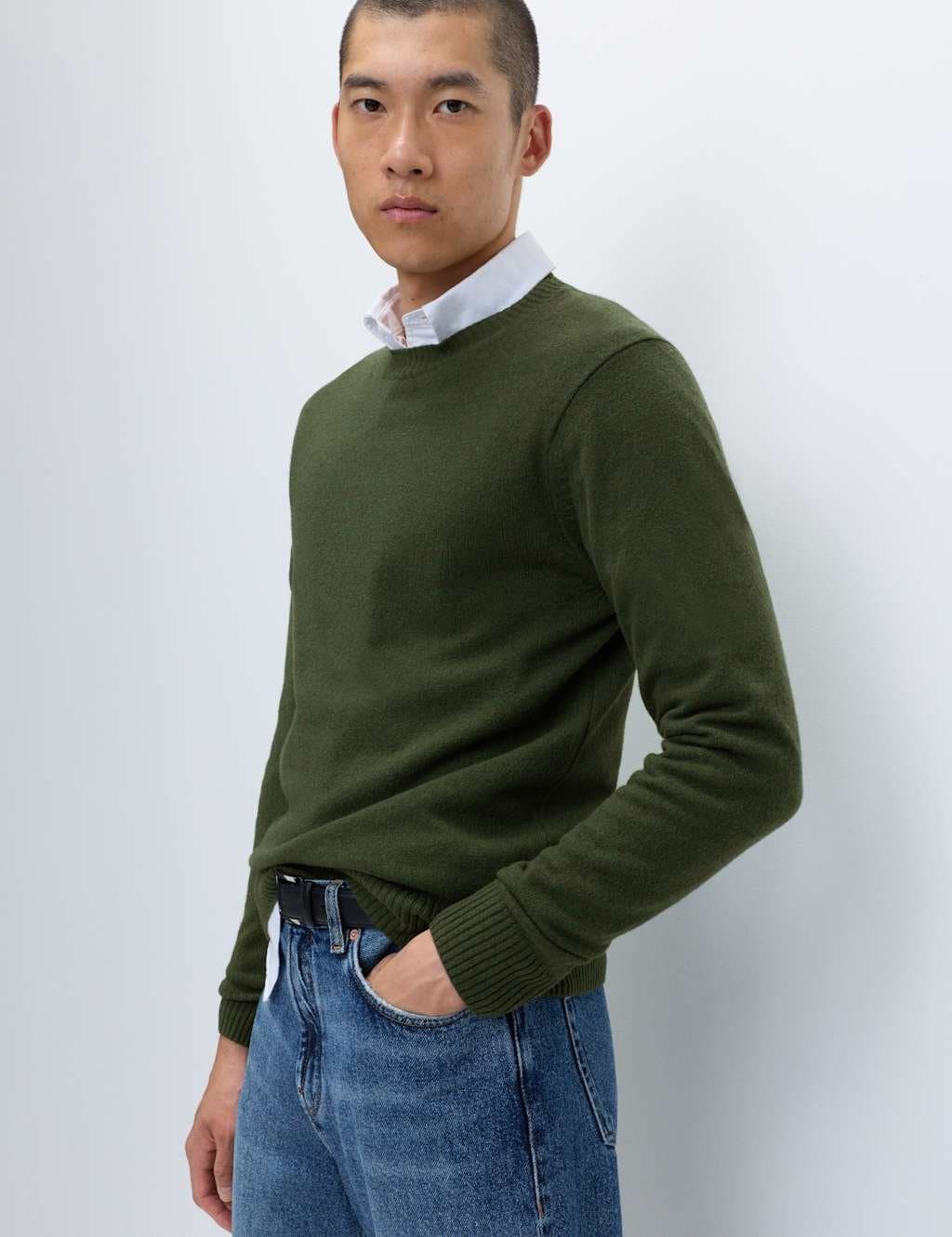 Marks & Spencer M&S Pure Lambswool Crew Neck Jumper Dark Khaki