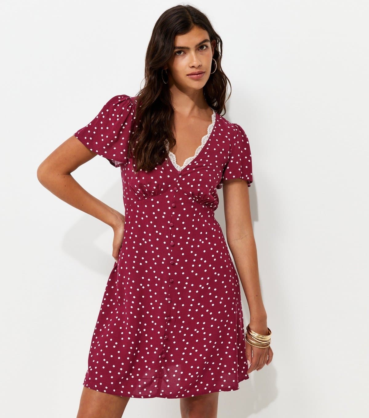 New Look Women's Dark Burgundy Polka Dot Lace Trim Tea Mini Dress New Look