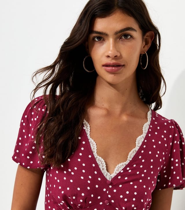New Look Women's Dark Burgundy Polka Dot Lace Trim Tea Mini Dress New Look - 3