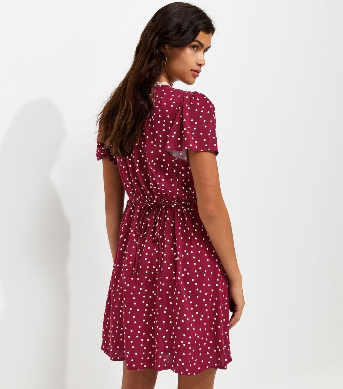 New Look Women's Dark Burgundy Polka Dot Lace Trim Tea Mini Dress New Look - 4