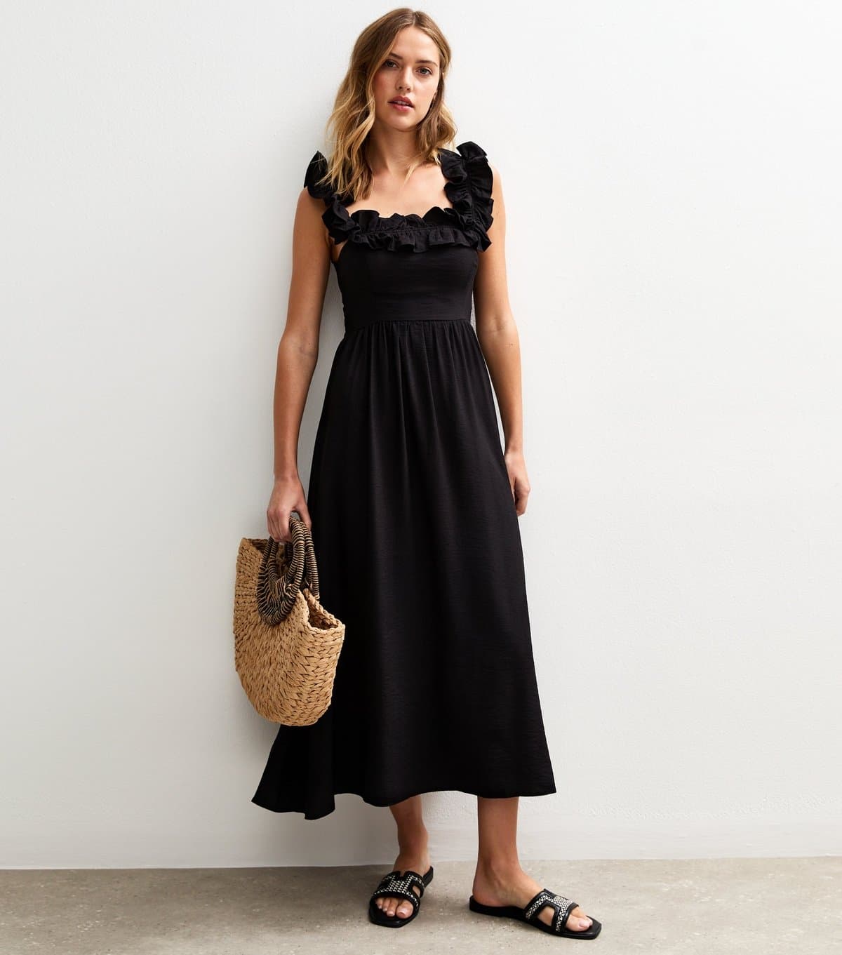 New Look Women's Black Square Neck Ruffled Bow Tie Back Midi Dress New Look