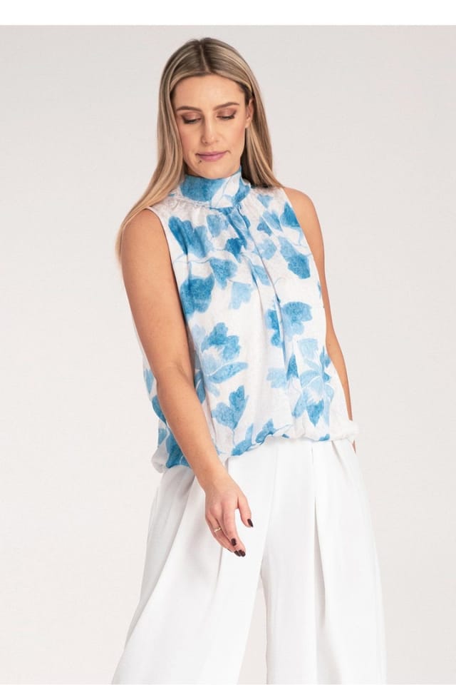 Love Lace Love Lace Women's Sleeveless Tie Neck Viscose Top with Elastic in Blue - 2