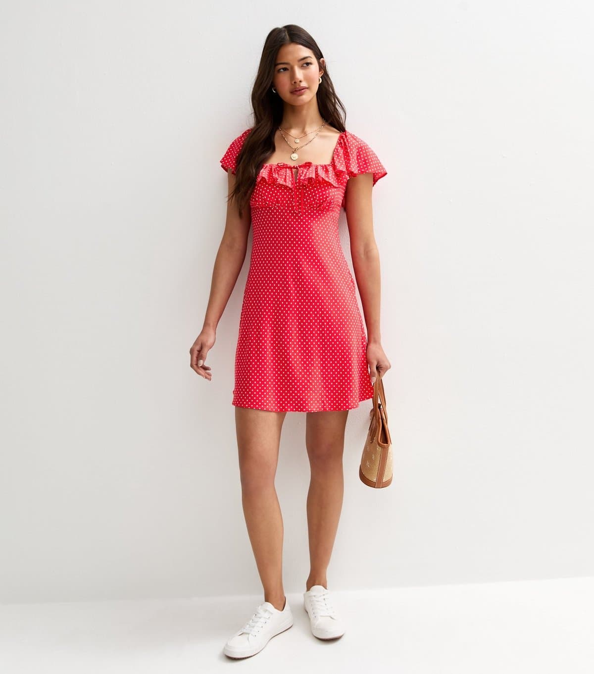 New Look Women's Red PolkaDot Print Frill Trim Mini Dress New Look