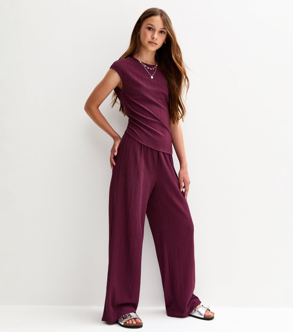 New Look Girls' Dark Burgundy Textured Jersey Wide Leg Trousers New Look