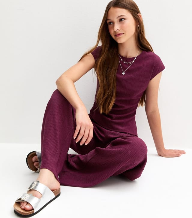 New Look Girls' Dark Burgundy Textured Jersey Wide Leg Trousers New Look - 2