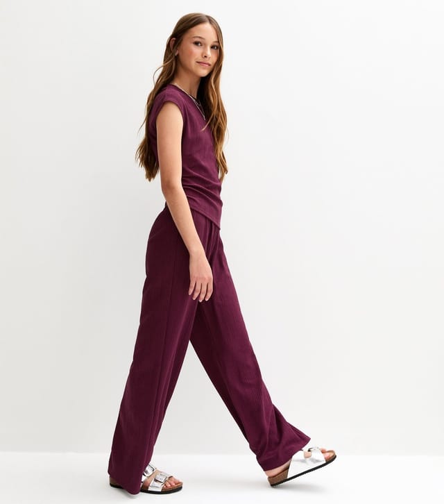 New Look Girls' Dark Burgundy Textured Jersey Wide Leg Trousers New Look - 3