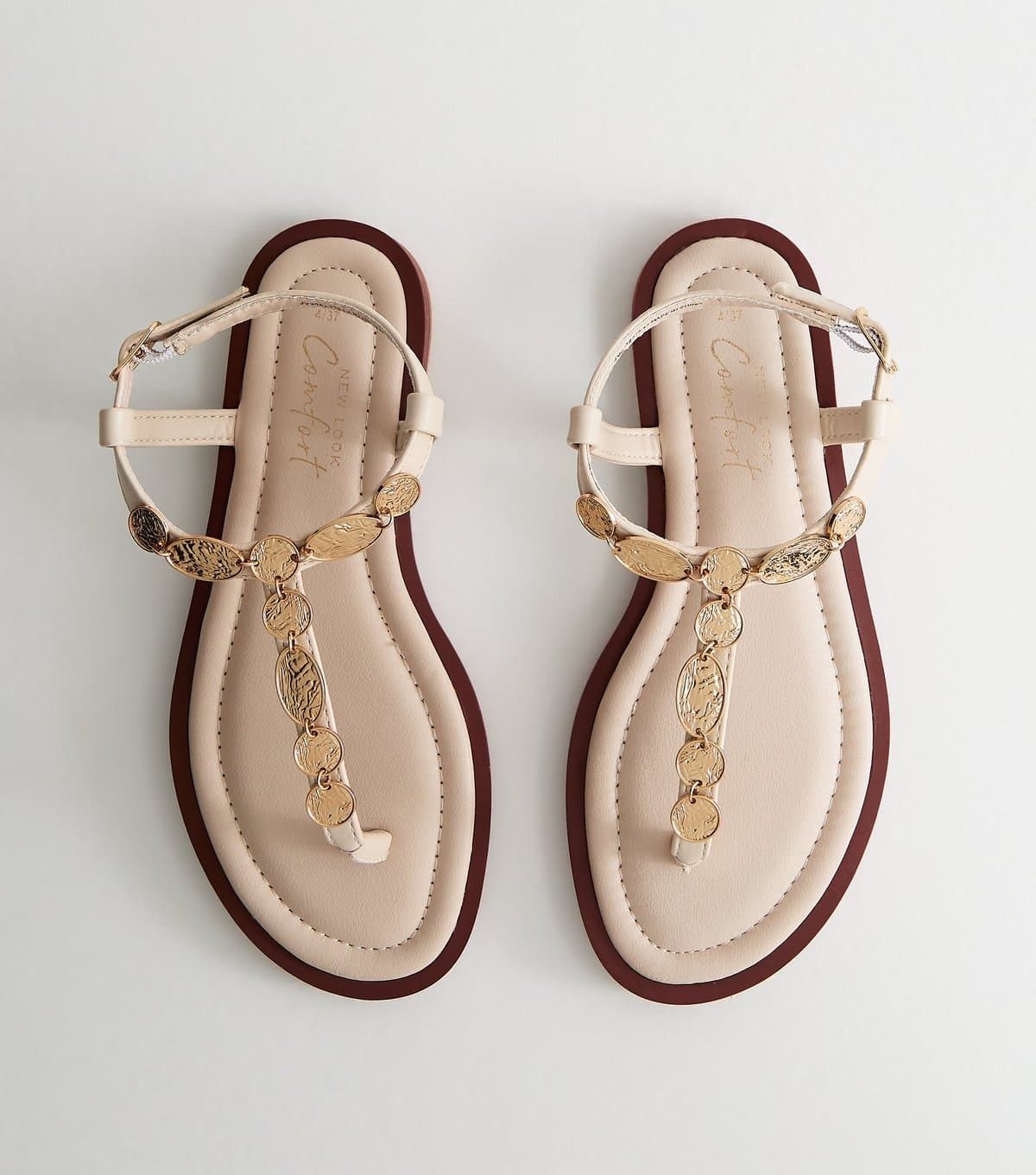 New Look Women's Off White Gold Coin Trim Toe Post Sandals Vegan New Look