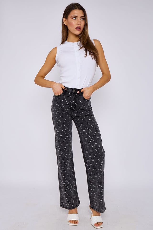 STYLEWISE STYLEWISE Women's Diamante Studded Front - Straight Leg - Jeans in Charcoal - 2