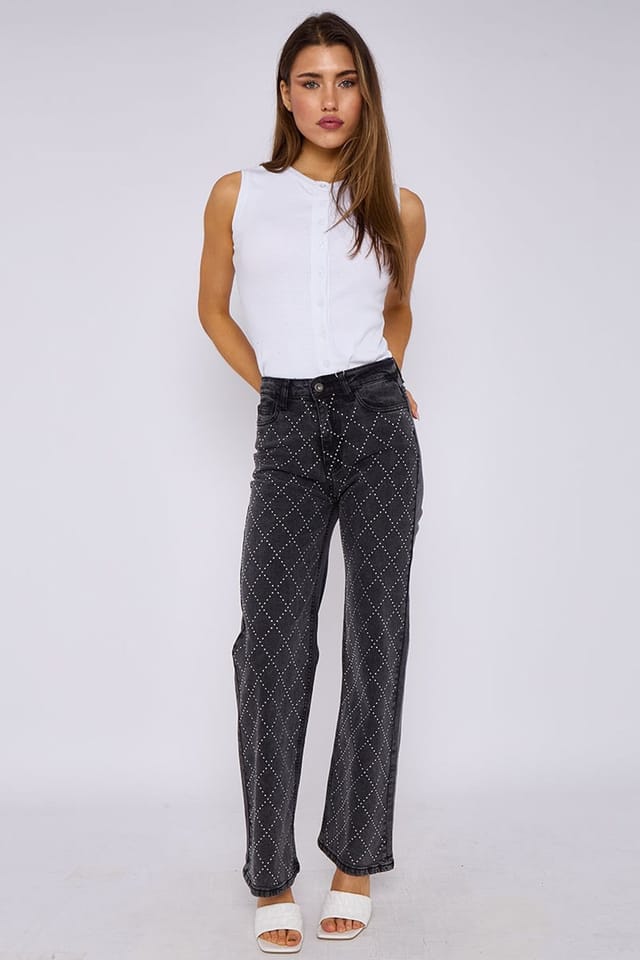 STYLEWISE STYLEWISE Women's Diamante Studded Front - Straight Leg - Jeans in Charcoal - 3