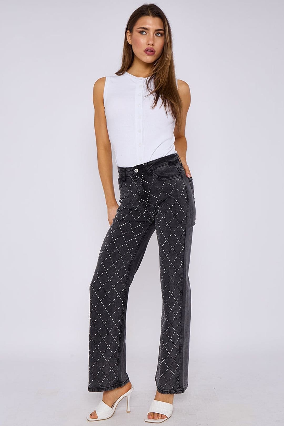 STYLEWISE STYLEWISE Women's Diamante Studded Front - Straight Leg - Jeans in Charcoal - 4