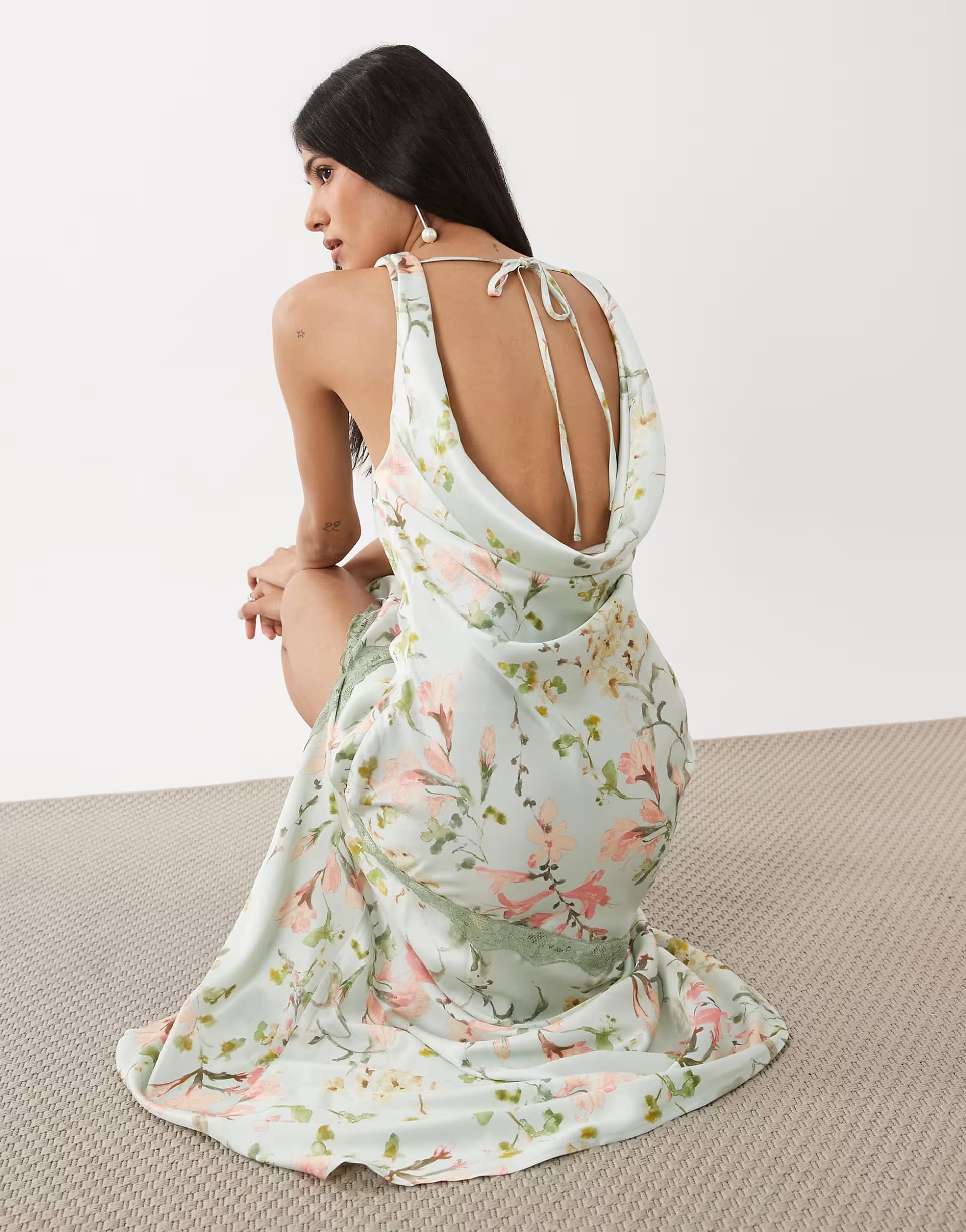 ASOS Hope & Ivy satin cowl neck lace trim midi dress in sage green floral