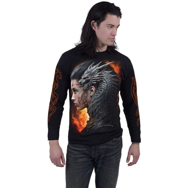 Spiral Direct Spiral Direct Men's Draco Queen Back & Sleeve Print Long-Sleeved T-Shirt in Black - 3