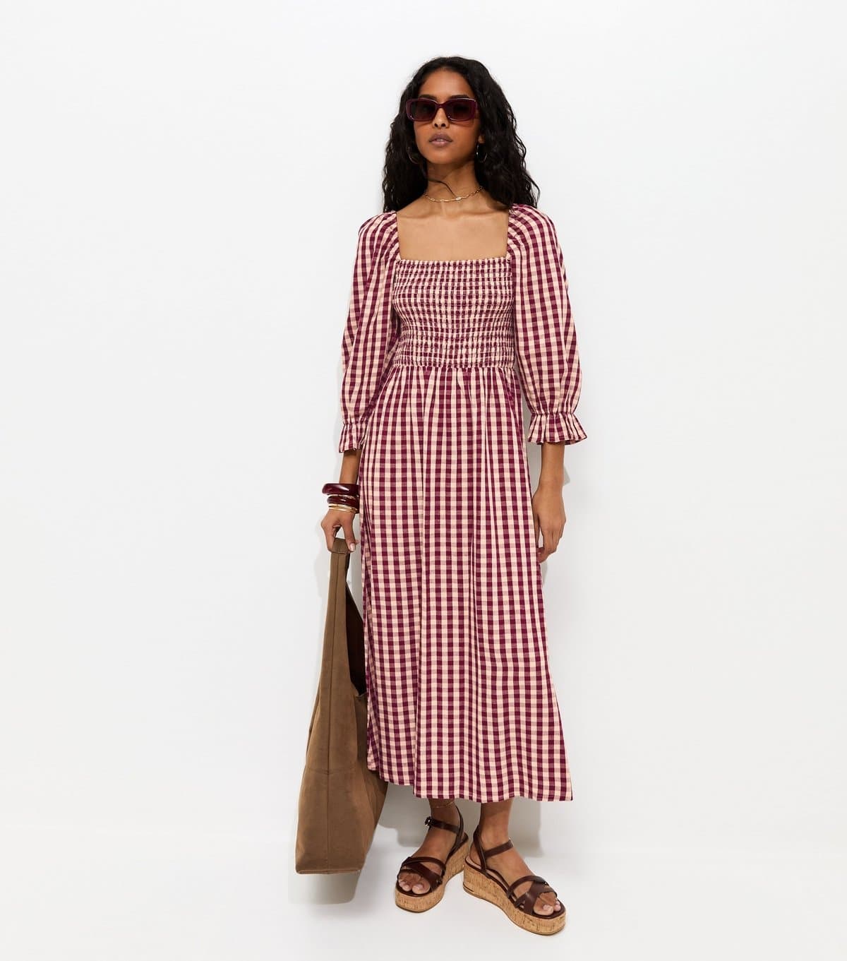 New Look Women's Pink Gingham Shirred Cropped Puff Sleeve Midi Dress New Look