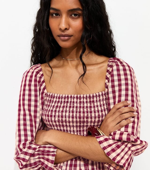 New Look Women's Pink Gingham Shirred Cropped Puff Sleeve Midi Dress New Look - 2