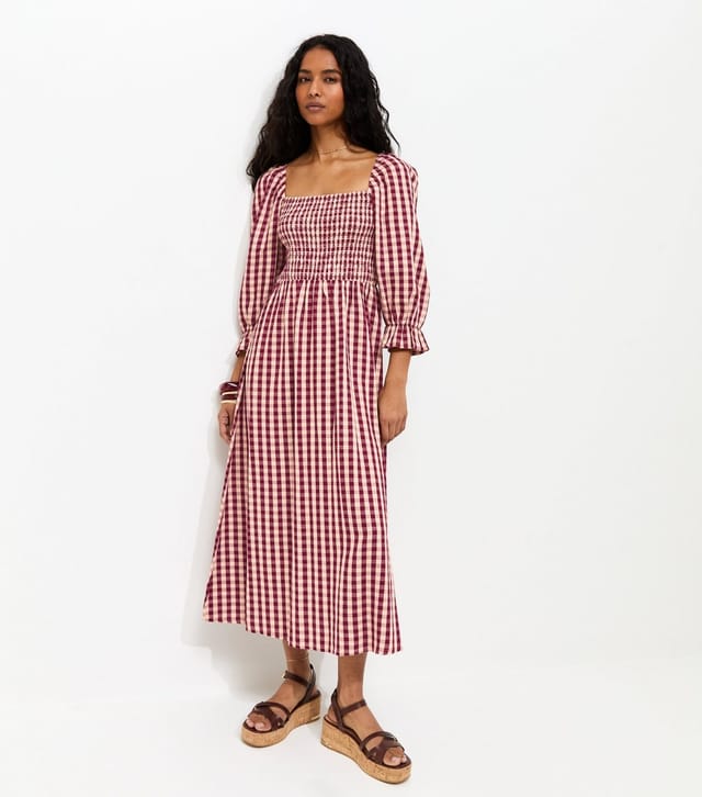 New Look Women's Pink Gingham Shirred Cropped Puff Sleeve Midi Dress New Look - 3
