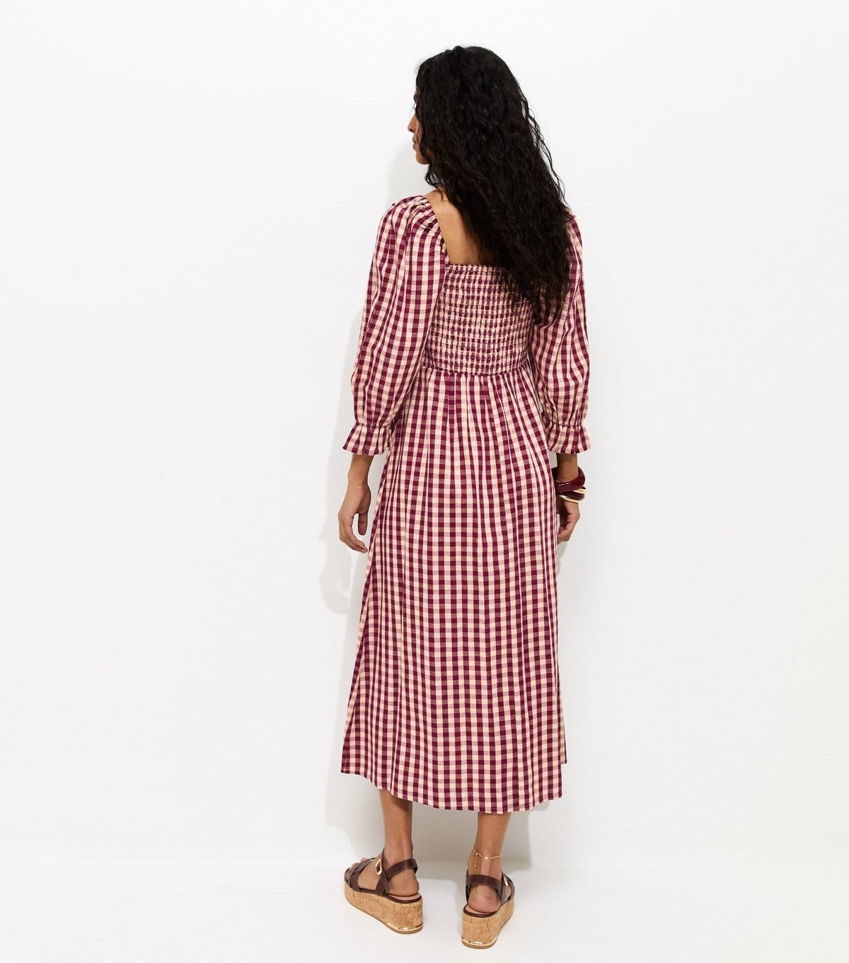 New Look Women's Pink Gingham Shirred Cropped Puff Sleeve Midi Dress New Look - 4