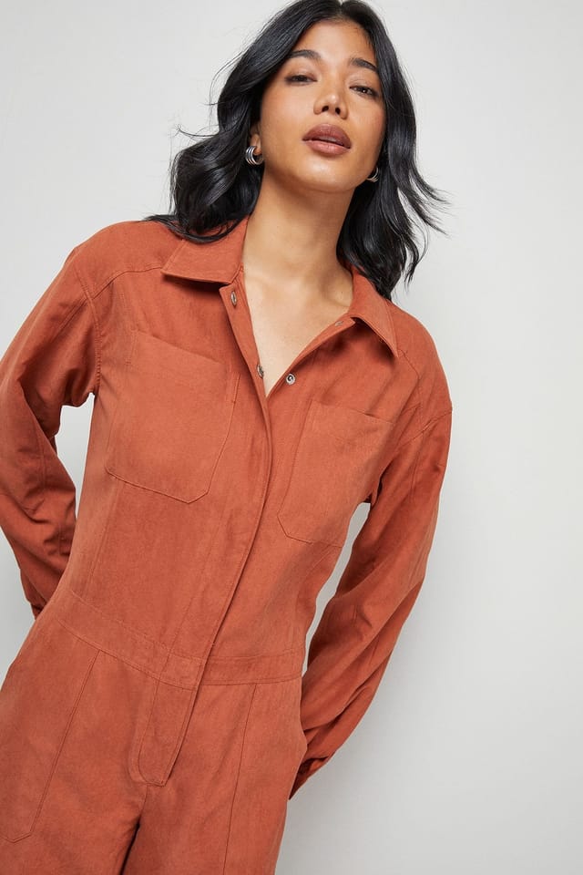 Warehouse Warehouse Women's Peach Satin Utility Boilersuit Jumpsuit in Rust - 2