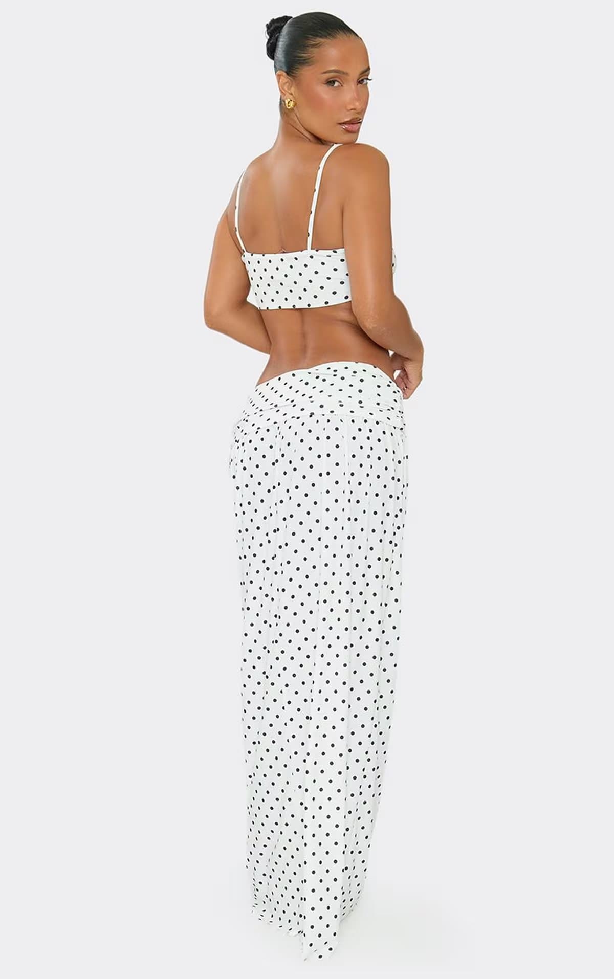 EGO Mid Waist Ruched Waistband Maxi Skirt In White Polka Dot, Women's Size UK 6